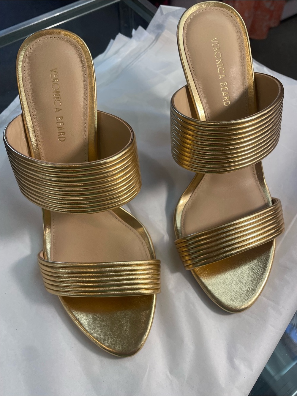 Veronica Beard Gold Ribbed Double-Band Slide Mules